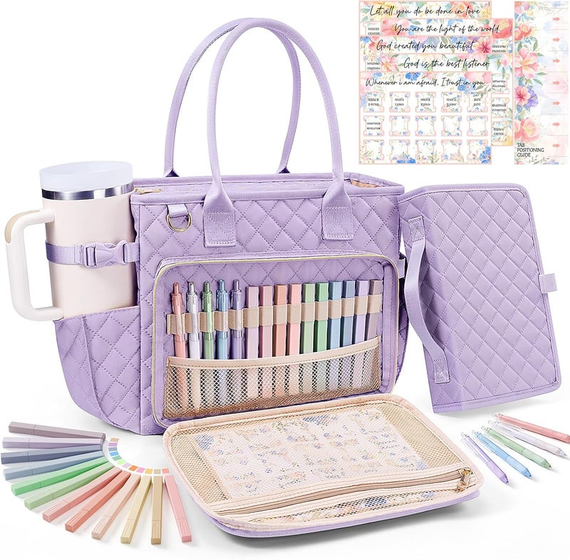 FLOE Large Bible Bag with Bible Cover Case for Women, Quilted Church Tote Bag Book Carrying Case w/Shoulder Strap,Bible Study Supplies Journaling Kit Accessories Valentines Day Christian Gift for Women Her - Image 1